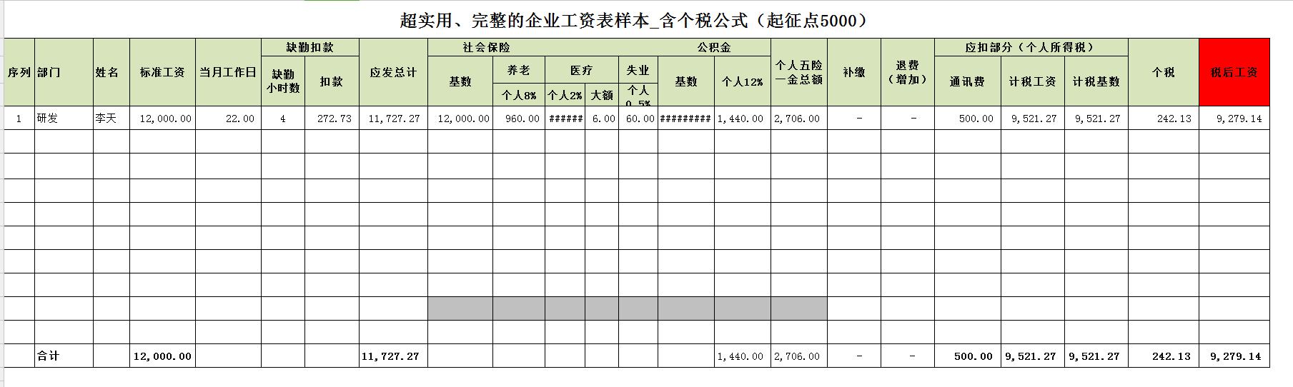 使用于销售的员工工资发放表格