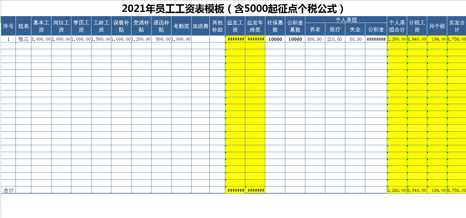 2021年员工工资表模板（含5000起征点个税公式）